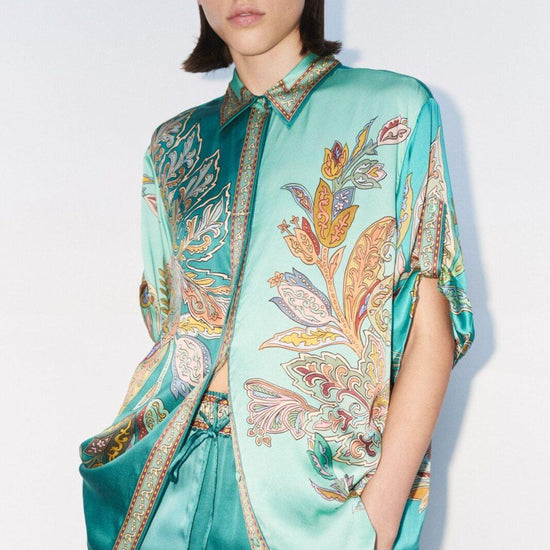 teal silk shirt with floral print