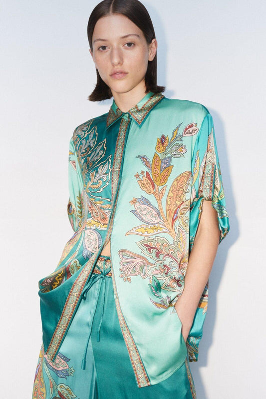 teal silk shirt with floral print