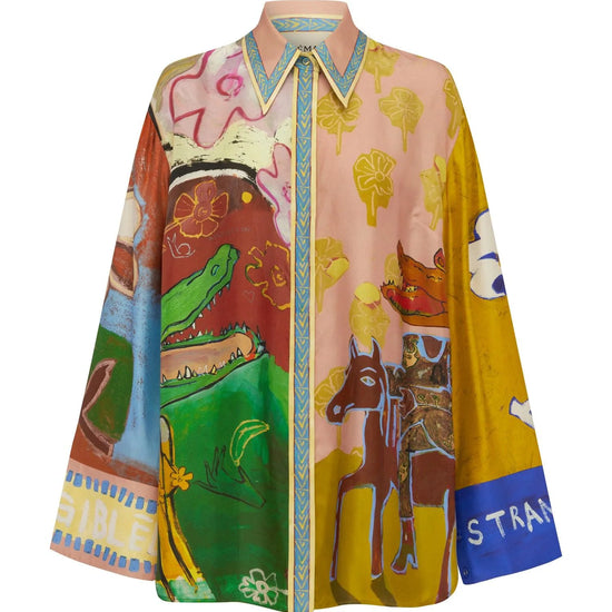 Colourful shirt with artistic designs by Alemais on a white background