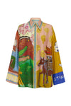 Colourful shirt with artistic designs by Alemais on a white background