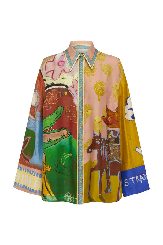 Colourful shirt with artistic designs by Alemais on a white background
