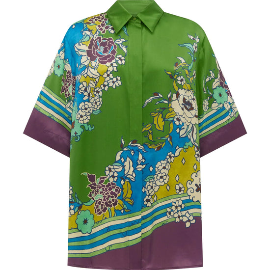 Colorful floral-patterned shirt with green collar by Alemais on a white background