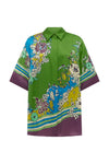Colorful floral-patterned shirt with green collar by Alemais on a white background