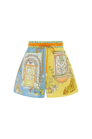 orange, blue and yellow patterned drawstring shorts