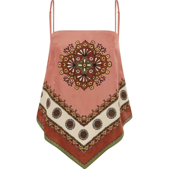 pink scarf style top with indie print and spaghettie straps from alemais
