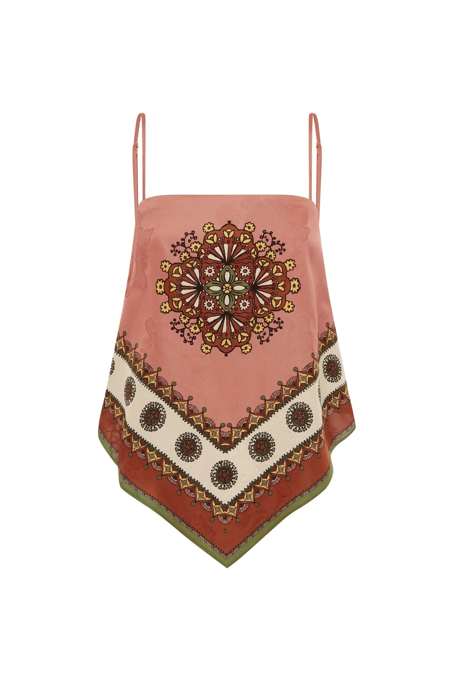 pink scarf style top with indie print and spaghettie straps from alemais