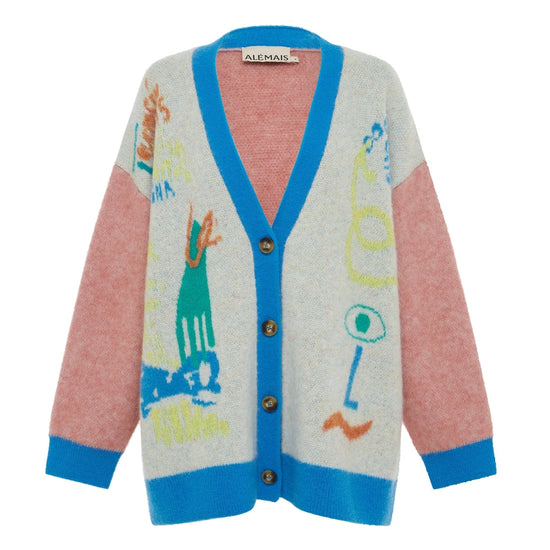 oversized cardigan with illustrations, 4 buttons and dropped shoulders 