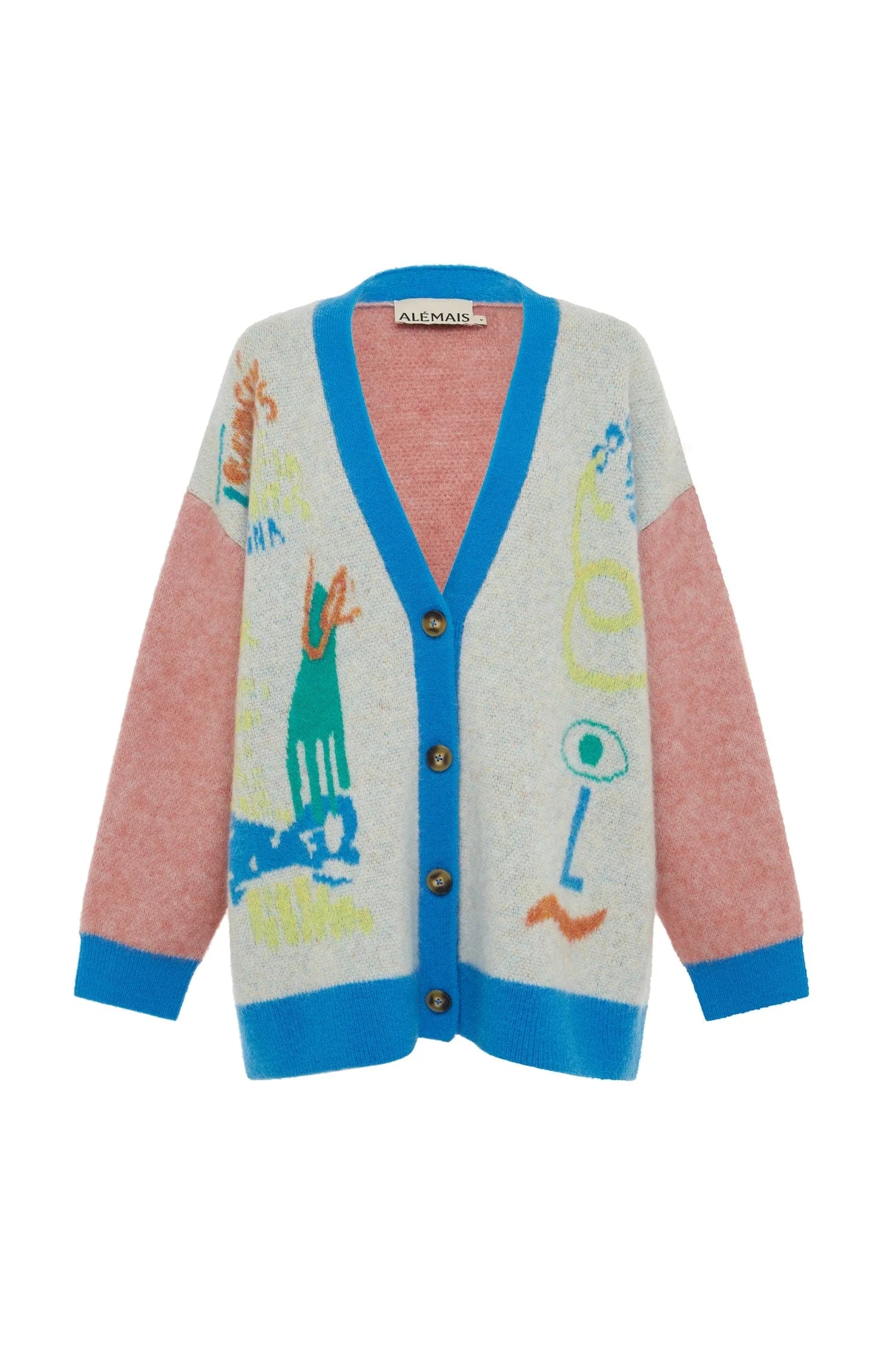 oversized cardigan with illustrations, 4 buttons and dropped shoulders 