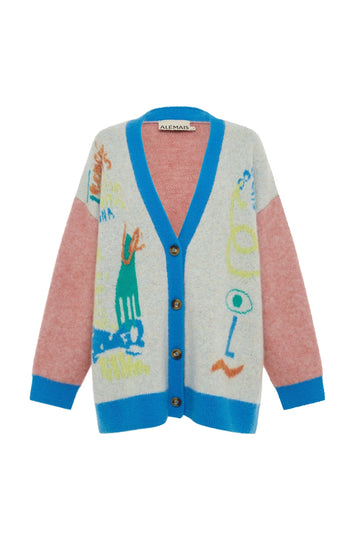 oversized cardigan with illustrations, 4 buttons and dropped shoulders 