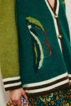 Close up of Toucan detail on oversize cardigan from Alemais