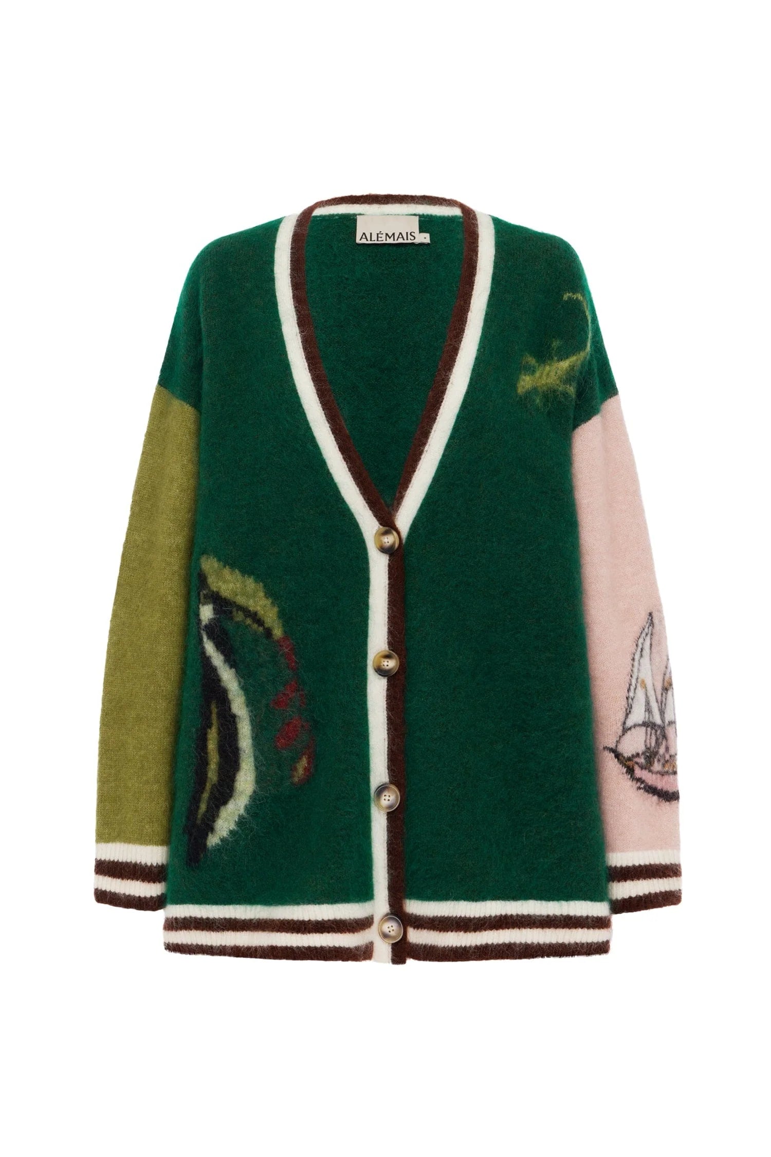 oversize cardigan with toucan lizard and boat details from Alemais