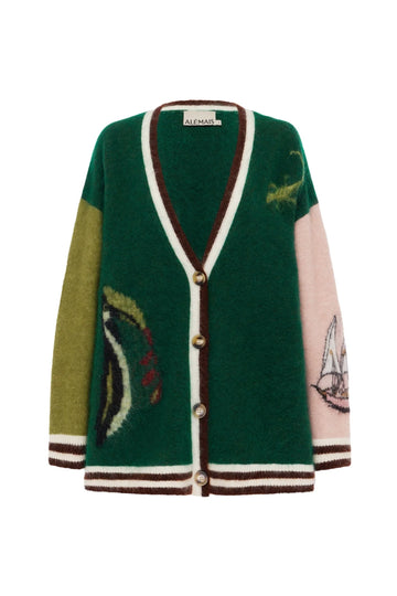 oversize cardigan with toucan lizard and boat details from Alemais