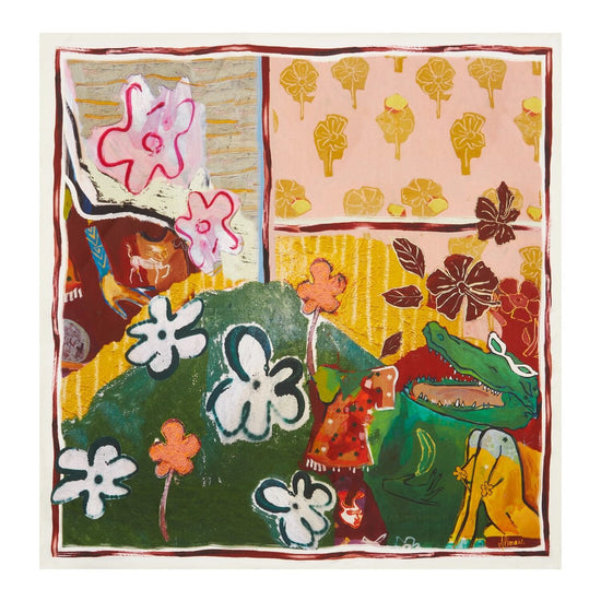 Colorful patchwork scarf with floral and abstract patterns by Alemais on a white background