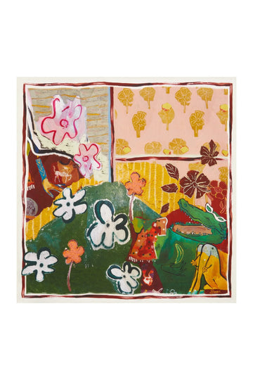 Colorful patchwork scarf with floral and abstract patterns by Alemais on a white background