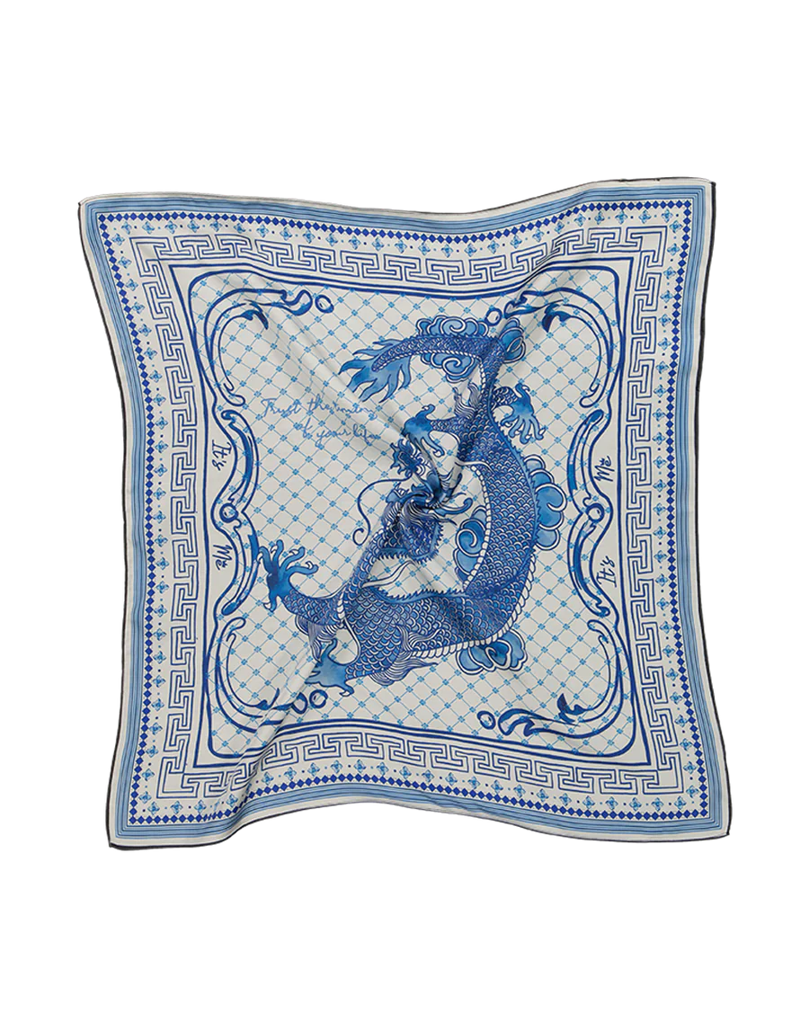 Blue and ivory dragon print square headscarf with border and "trust the timing of your life" logo