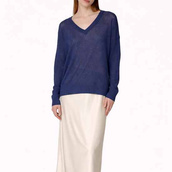 blue jumper on model on white background