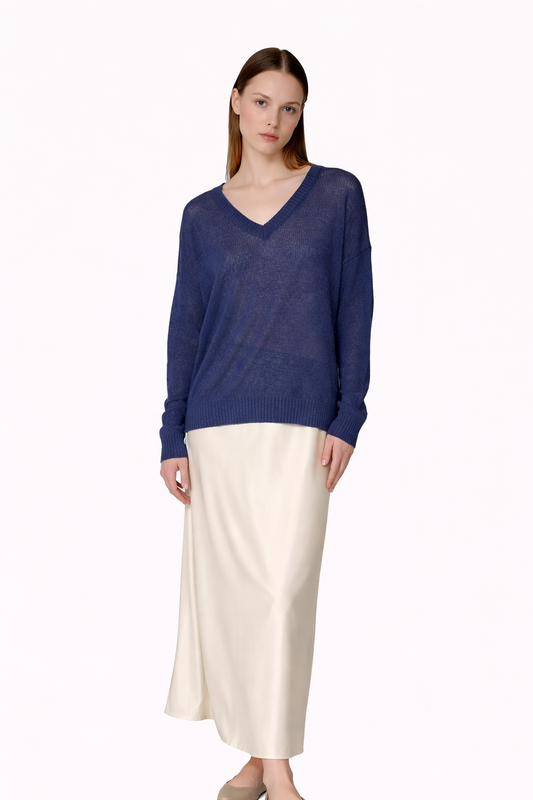 blue jumper on model on white background