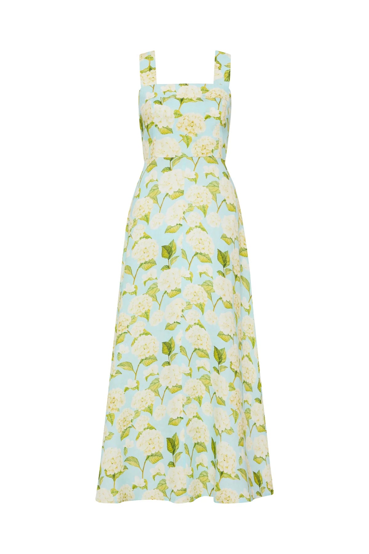 Linen dress with a fitted top and slightly A line skirt in White Hydrangea  print