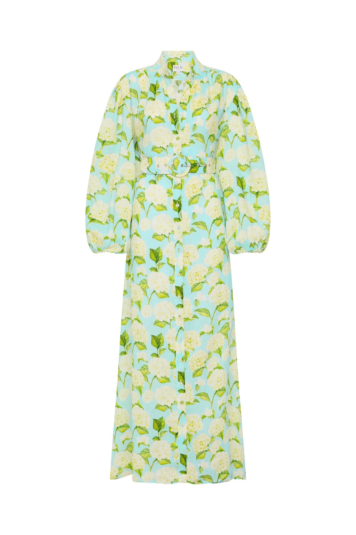 Pale blue dress with white Hydrangea print in a maxi length with long sleeves