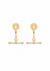 A pair of gold huggie hoop earrings with a dangling barbell charm and a small clear rhinestone in the center, shown on a plain white background.
