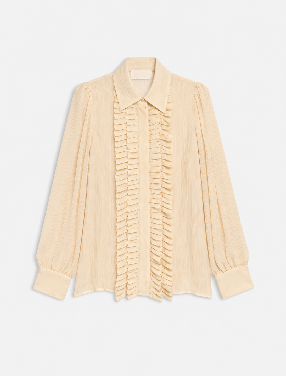 A pale cream or light beige long-sleeve blouse with a pointed collar, gathered sleeves, and a central vertical ruffle detail, shown on a plain light background.