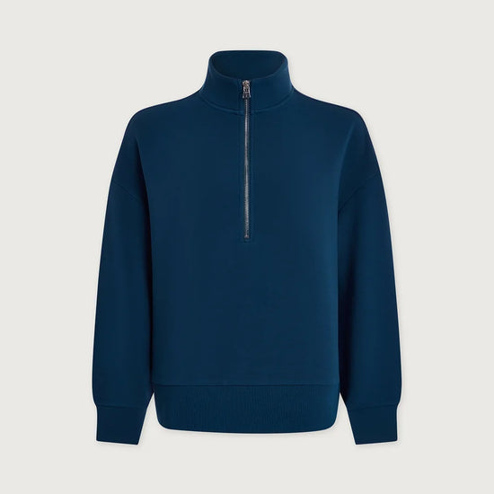 A dark blue half-zip sweatshirt with a mock neck collar, displayed on a light gray background.