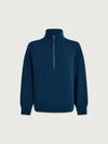 A dark blue half-zip sweatshirt with a mock neck collar, displayed on a light gray background.
