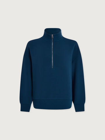 A dark blue half-zip sweatshirt with a mock neck collar, displayed on a light gray background.