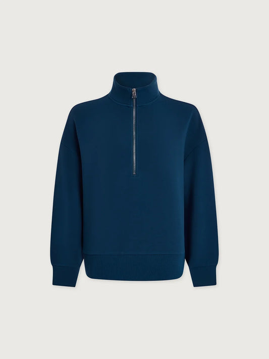 A dark blue half-zip sweatshirt with a mock neck collar, displayed on a light gray background.