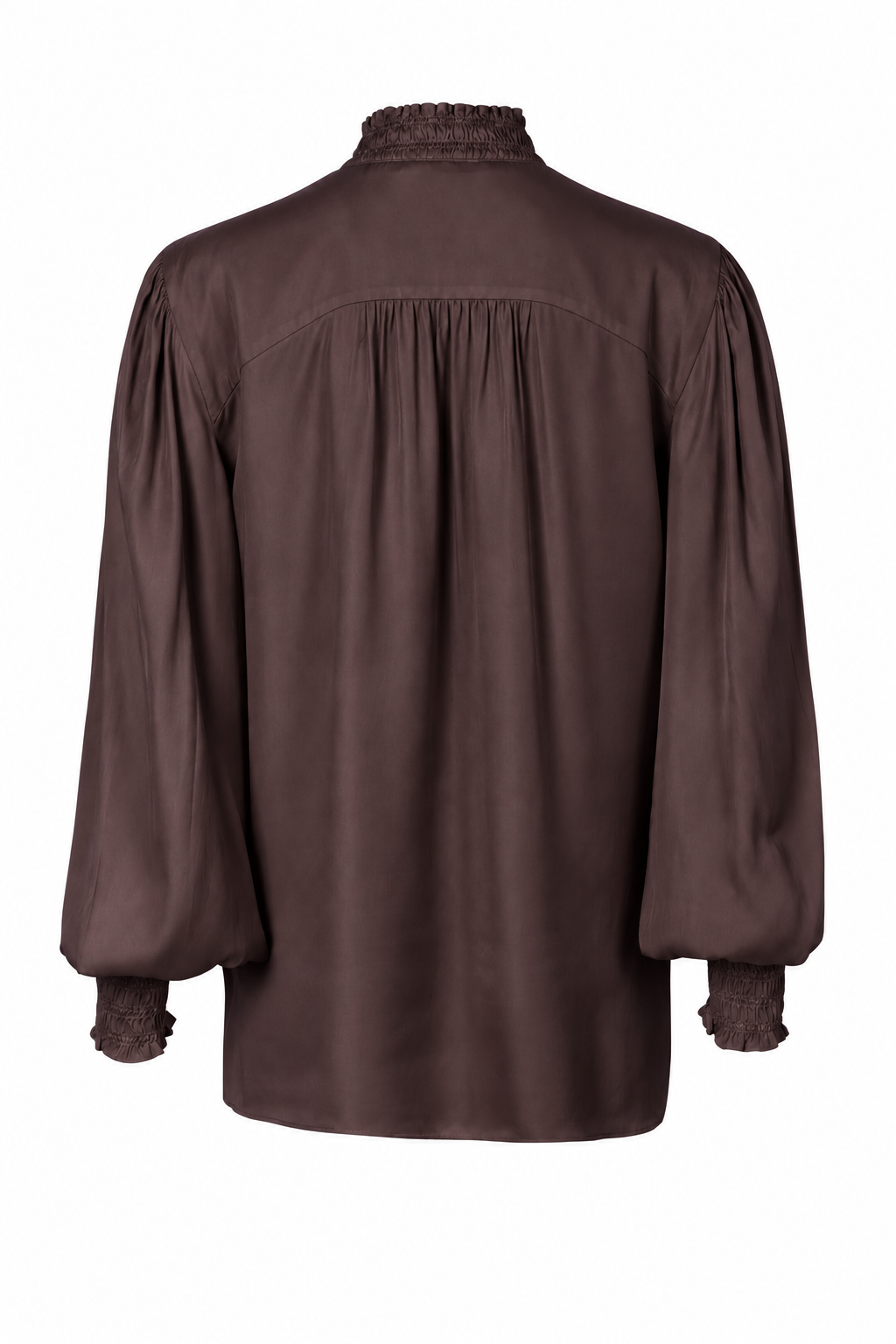 A dark brown long-sleeve blouse shown from the back, featuring a gathered smocked back, a textured ruffled mock neck, and ruffled cuffs, displayed on a clean white background.