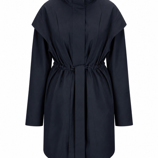 A dark navy blue mid-length coat with a high stand collar, wide shoulder panels, and a self-tie belt at the waist, shown against a plain white background.