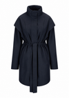 A dark navy blue mid-length coat with a high stand collar, wide shoulder panels, and a self-tie belt at the waist, shown against a plain white background.