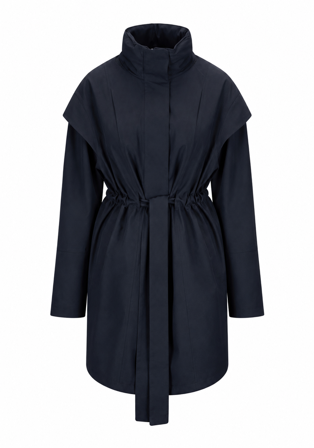 A dark navy blue mid-length coat with a high stand collar, wide shoulder panels, and a self-tie belt at the waist, shown against a plain white background.