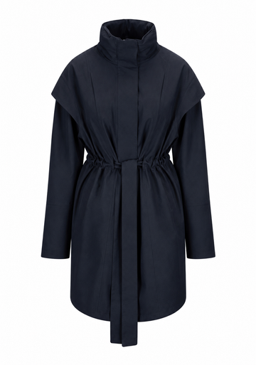 A dark navy blue mid-length coat with a high stand collar, wide shoulder panels, and a self-tie belt at the waist, shown against a plain white background.