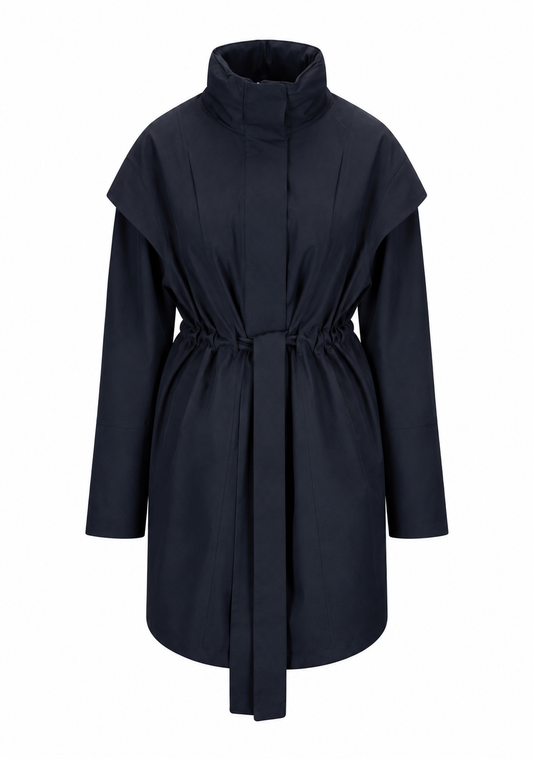 A dark navy blue mid-length coat with a high stand collar, wide shoulder panels, and a self-tie belt at the waist, shown against a plain white background.