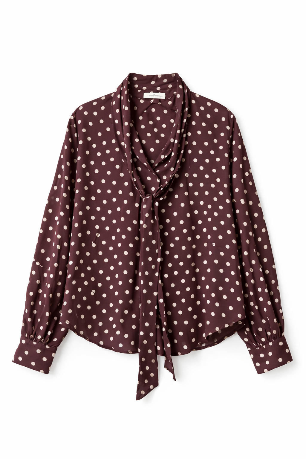 Brown polka dot blouse with a tie detail on a white background