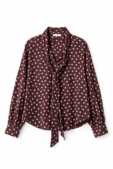 Brown polka dot blouse with a tie detail on a white background
