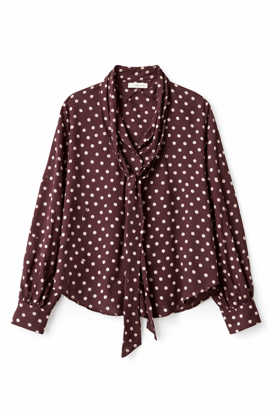 Brown polka dot blouse with a tie detail on a white background