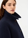 Close-up of a woman wearing a dark navy wool coat with a high structured collar and dark buttons, photographed against a clean white studio background.