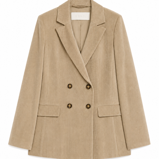 A beige corduroy double-breasted blazer with notched lapels and dark brown buttons, displayed flat against a solid white background.