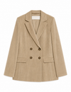 A beige corduroy double-breasted blazer with notched lapels and dark brown buttons, displayed flat against a solid white background.