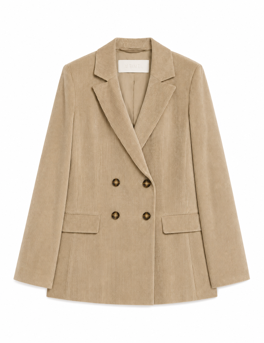 A beige corduroy double-breasted blazer with notched lapels and dark brown buttons, displayed flat against a solid white background.