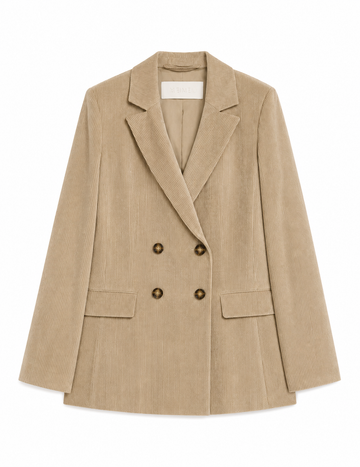 A beige corduroy double-breasted blazer with notched lapels and dark brown buttons, displayed flat against a solid white background.