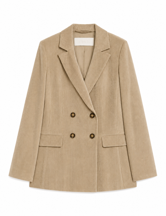 A beige corduroy double-breasted blazer with notched lapels and dark brown buttons, displayed flat against a solid white background.