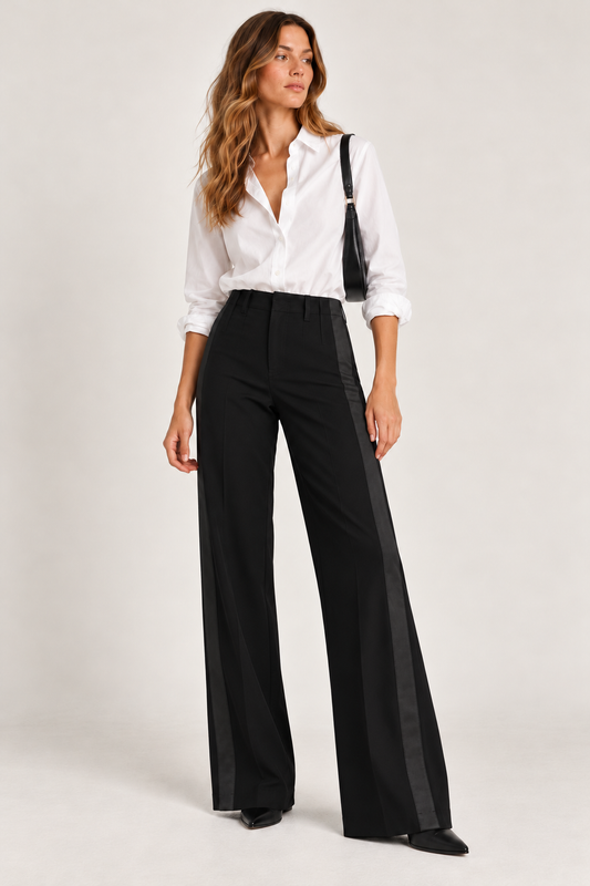 A woman modeling black wide-leg trousers with dark satin side panels, paired with a white button-down shirt and a black shoulder bag, against a light gray studio background.