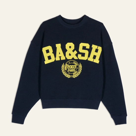 Navy sweatshirt with yellow branding detail