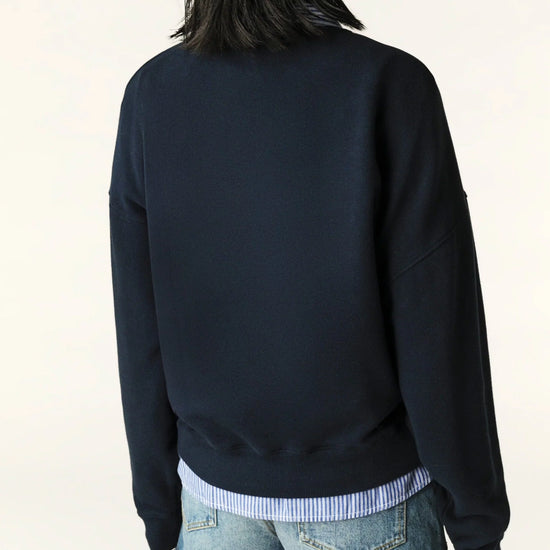 Rear view of loop back sweatshirt in navy