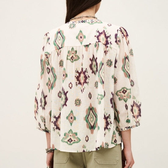 Person wearing a patterned blouse with a plain background rear view from ba&sh