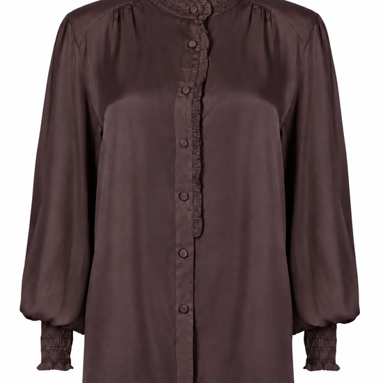A dark brown long-sleeve blouse with a ruffled mock neck, button-up front, and gathered cuffs, shown against a plain white background.