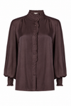 A dark brown long-sleeve blouse with a ruffled mock neck, button-up front, and gathered cuffs, shown against a plain white background.